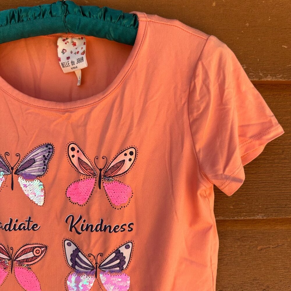 Belle Du Jour Girls Peach Tee Radiate Kindness Butterfly Design Sequin Accents S - Picture 7 of 13